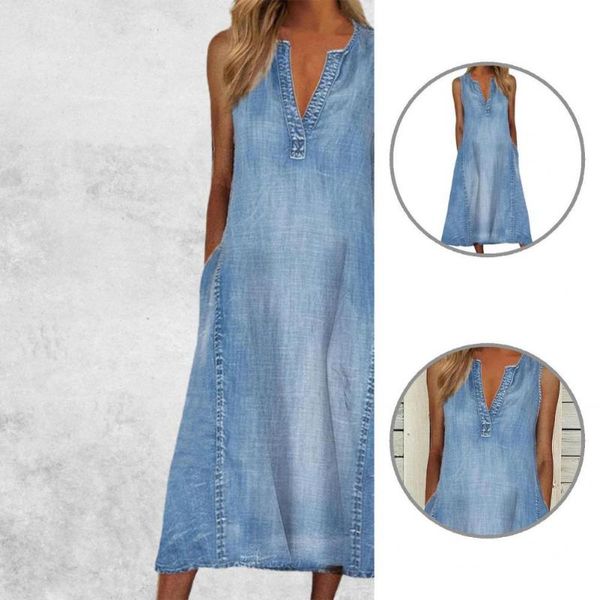 casual dresses v neck denim sleeveless dress for travel midi, Black;gray