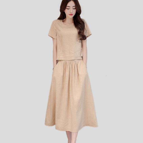 two piece dress summer korean cotton woman round neck solid color short sleeve medium long skirt casual breathable, White
two piece dress summer korean cotton woman round neck solid color short sleeve medium long skirt casual breathable, White