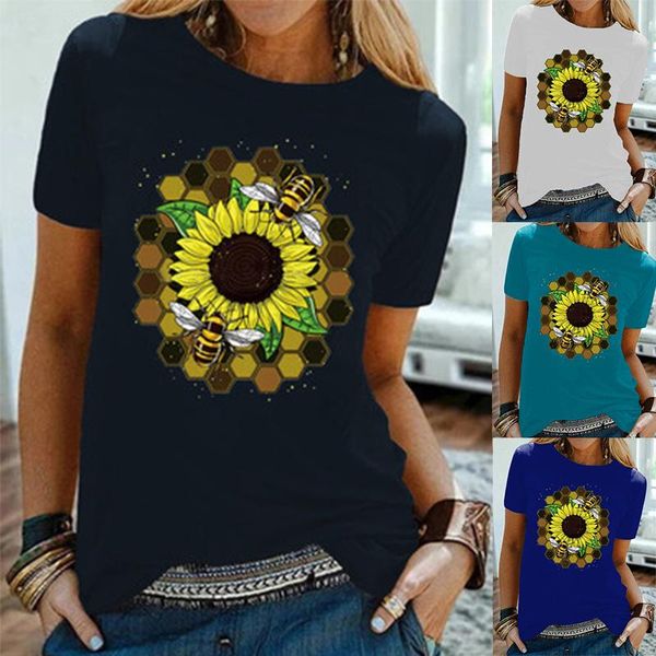 women's t-shirt 2021 summer fashion casual round neck flowers bees+honeycomb combination cartoon multi-color short-sleeved, White
women's t-shirt 2021 summer fashion casual round neck flowers bees+honeycomb combination cartoon multi-color short-sleeved, White