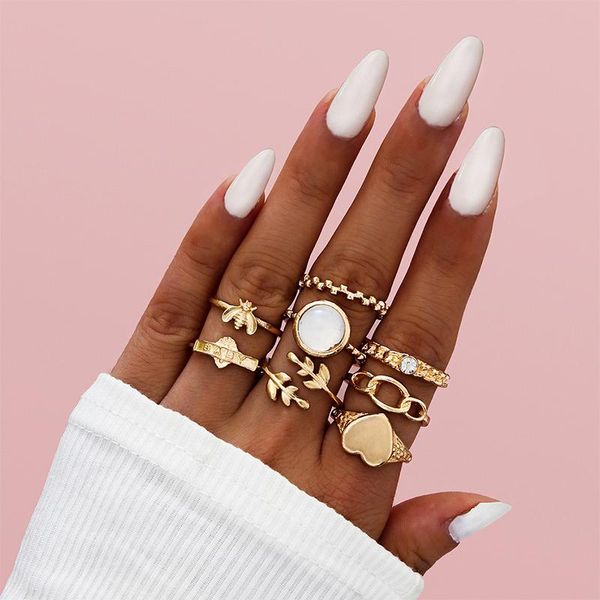 cluster rings 8pcs/set women set fashion oval bee heart leaf letter round gems finger joint gold ring exquisite wedding party jewelry, Golden;silver
cluster rings 8pcs/set women set fashion oval bee heart leaf letter round gems finger joint gold ring exquisite wedding party jewelry, Golden;silver