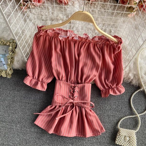 women's blouses & shirts summer temperament word collar blouse female strapless straps waist thin short-sleeved blusa striped wild shor, White
women's blouses & shirts summer temperament word collar blouse female strapless straps waist thin short-sleeved blusa striped wild shor, White
