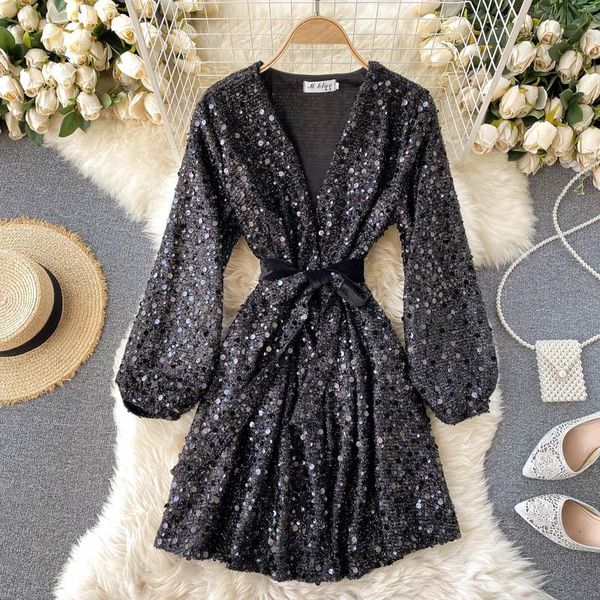 new chic sequin dress deep v neck puff sleeve lace up sashes luxurious a-line club party mini dress fashion women clothes, Black;gray 
new chic sequin dress deep v neck puff sleeve lace up sashes luxurious a-line club party mini dress fashion women clothes, Black;gray