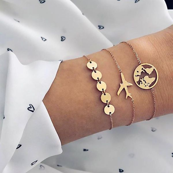 link, chain 3 pcs/ set punk aircraft map round gold pendant women bracelet fashion creative clothing jewelry accessories, Black
link, chain 3 pcs/ set punk aircraft map round gold pendant women bracelet fashion creative clothing jewelry accessories, Black