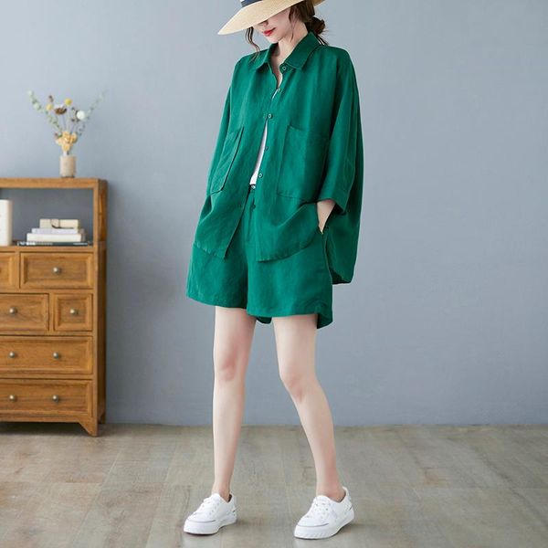 women's tracksuits cotton linen green women shorts sets summer vintage 2021 solid loose shirts and wide leg female clothing quality, Gray
women's tracksuits cotton linen green women shorts sets summer vintage 2021 solid loose shirts and wide leg female clothing quality, Gray