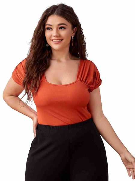 women's plus size t-shirt tees orange v-neck slim fit slit hedging short sleeve temperament commuting solid color square neck, Black
women's plus size t-shirt tees orange v-neck slim fit slit hedging short sleeve temperament commuting solid color square neck, Black