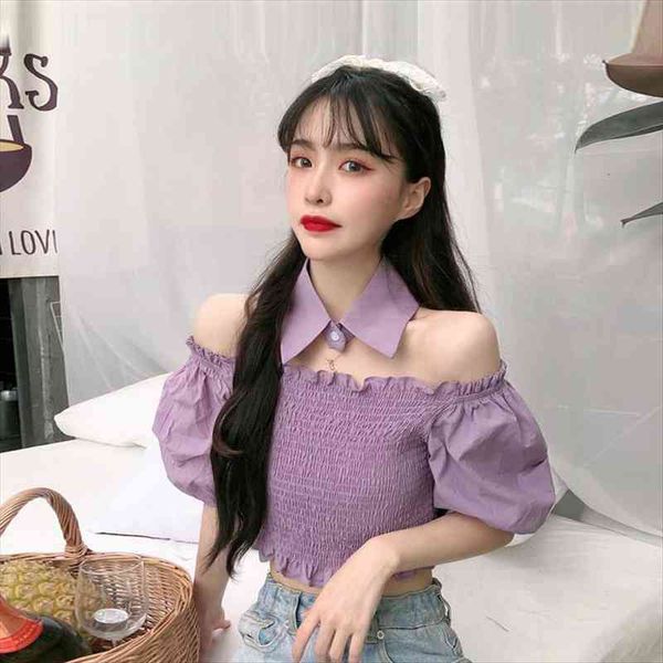short summer purple women shirt puff sleeve blusas ropa de mujer, White
short summer purple women shirt puff sleeve blusas ropa de mujer, White