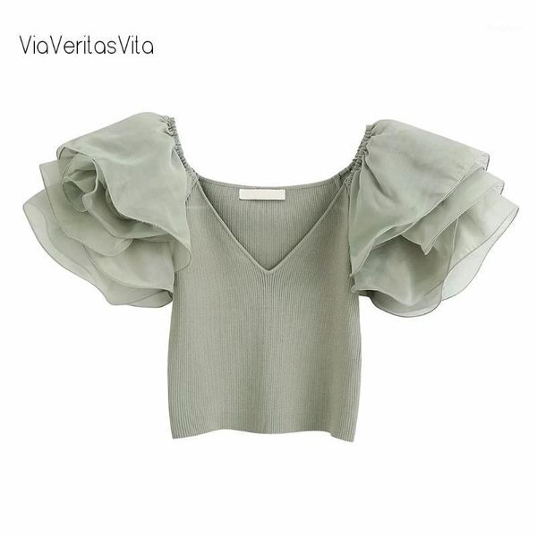 women's blouses & shirts summer womens knitted with organza flare mesh sleeve v neck and zoravicky knit cropped green 2021, White
women's blouses & shirts summer womens knitted with organza flare mesh sleeve v neck and zoravicky knit cropped green 2021, White