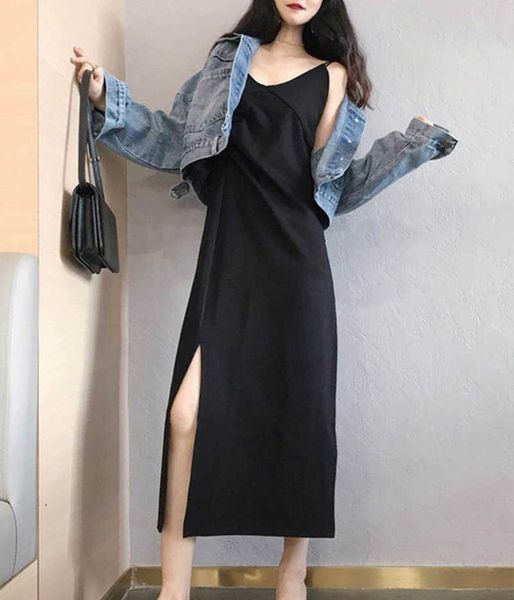 black summer women long dress v-neck spaghetti strap ruched spilt out midi female dresses vestidos w156 210526, Black;gray
black summer women long dress v-neck spaghetti strap ruched spilt out midi female dresses vestidos w156 210526, Black;gray