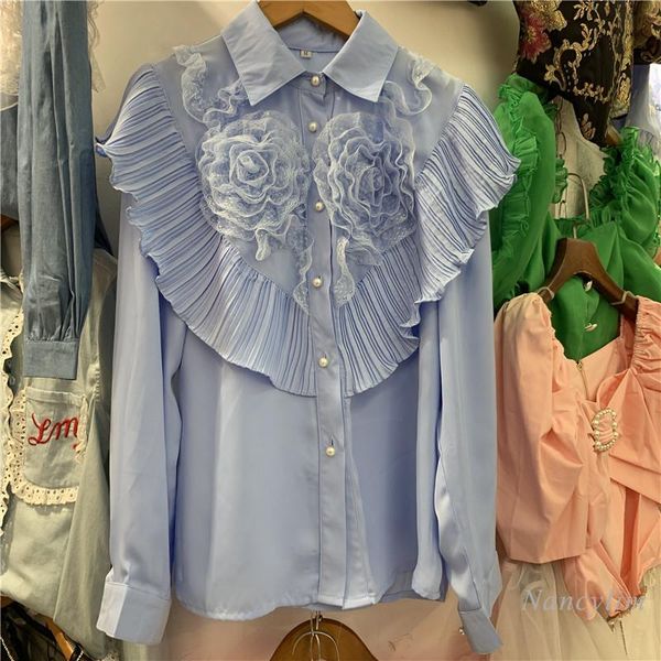 women's blouses & shirts womans three-dimensional flower pleated ruffled shirt sweet blue female loose blusas mujer nancylim, White
women's blouses & shirts womans three-dimensional flower pleated ruffled shirt sweet blue female loose blusas mujer nancylim, White