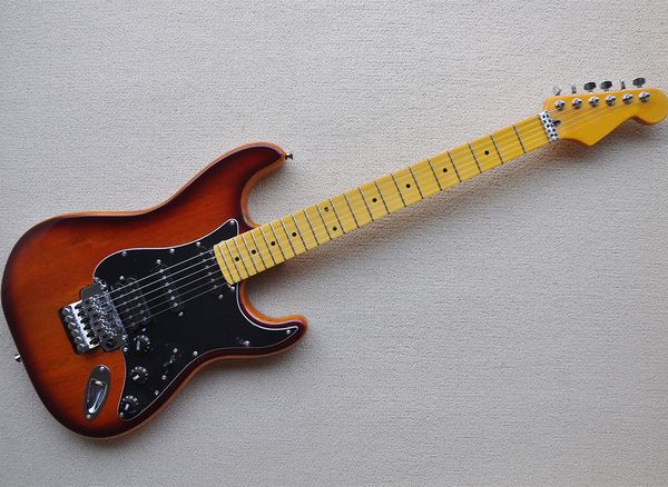 brown electric guitar with yellow maple fretboard,black pickguard,floyd rose,can be customized
brown electric guitar with yellow maple fretboard,black pickguard,floyd rose,can be customized