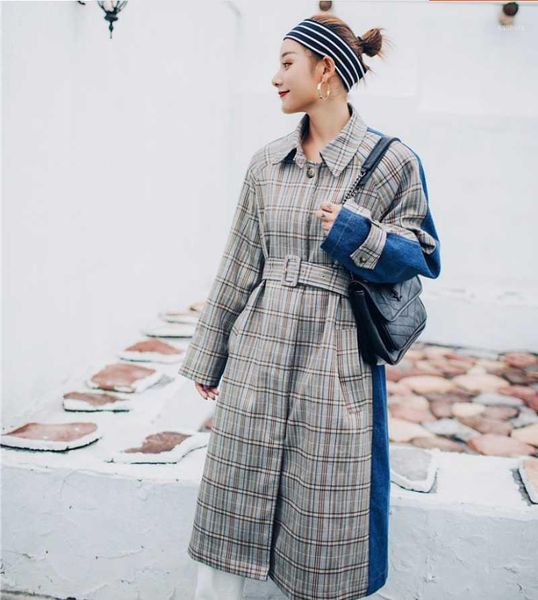 women's trench coats 2021 spring autumn casual plaid coat women long loose splicing denim retro windwear defined waist with belt f5, Tan;black
women's trench coats 2021 spring autumn casual plaid coat women long loose splicing denim retro windwear defined waist with belt f5, Tan;black