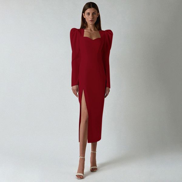 2021 winter vintage slim puff sleeve midi dress women fashion solid black red high split womens dresses vestidos, Black;gray
2021 winter vintage slim puff sleeve midi dress women fashion solid black red high split womens dresses vestidos, Black;gray