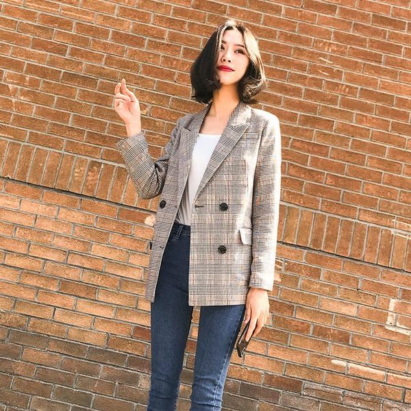 vintage plaid blazer 2021 women double breasted full sleeve blazers with big pockets spring autumn jackets coats, White;black
vintage plaid blazer 2021 women double breasted full sleeve blazers with big pockets spring autumn jackets coats, White;black