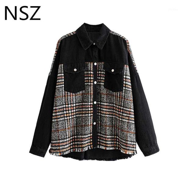 nsz women vintage plaid tweed jacket patchwork denim jeans coat long sleeve fashion checked outwear clothing aututmn winter1, Black;brown
nsz women vintage plaid tweed jacket patchwork denim jeans coat long sleeve fashion checked outwear clothing aututmn winter1, Black;brown