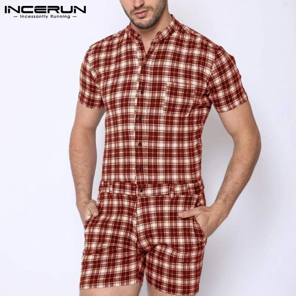 men's shorts incerun summer man buttons rompers streetwear leisure plaid jumpsuit men short sleeve lapel pocket jogger overalls s-5xl, White;black 
men's shorts incerun summer man buttons rompers streetwear leisure plaid jumpsuit men short sleeve lapel pocket jogger overalls s-5xl, White;black