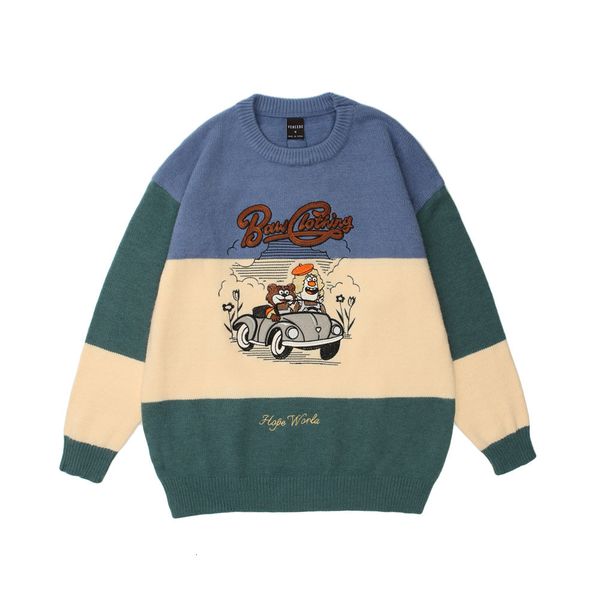 sweater knit cartoon bear embroidered color matching men's style loose round neck fashion brand couple pullover, White;black
sweater knit cartoon bear embroidered color matching men's style loose round neck fashion brand couple pullover, White;black