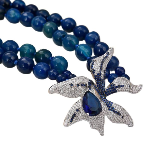 guaiguai jewelry 2 rows blue agate necklace cz flower pendant handmade for women, Silver
guaiguai jewelry 2 rows blue agate necklace cz flower pendant handmade for women, Silver