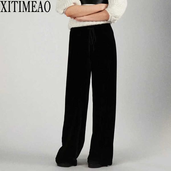 za solid color long trousers lady streetwear velvet wide leg pants casual lace up women loose floor length 210604, Black;white
za solid color long trousers lady streetwear velvet wide leg pants casual lace up women loose floor length 210604, Black;white