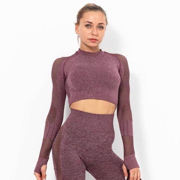 yoga outfit hollow mesh exposed belly button female tight-fitting quick-drying sports long-sleeved fitness wear breathable t-shir