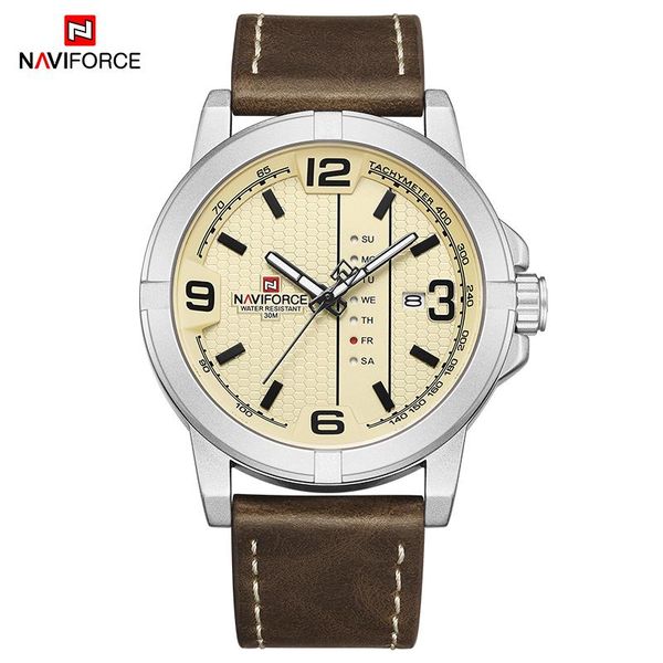 wristwatches 2021 naviforce date week quartz watch men casual military sports pu leather wristwatch male relogio masculino cloc, Slivery;brown 
wristwatches 2021 naviforce date week quartz watch men casual military sports pu leather wristwatch male relogio masculino cloc, Slivery;brown
