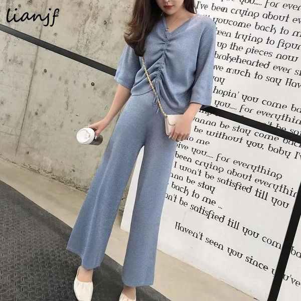 women's two piece pants summer chic knit suit wide leg fashion v-neck pleated drawstring middle sleeve bright silk 2 sets womens outfit, White
women's two piece pants summer chic knit suit wide leg fashion v-neck pleated drawstring middle sleeve bright silk 2 sets womens outfit, White