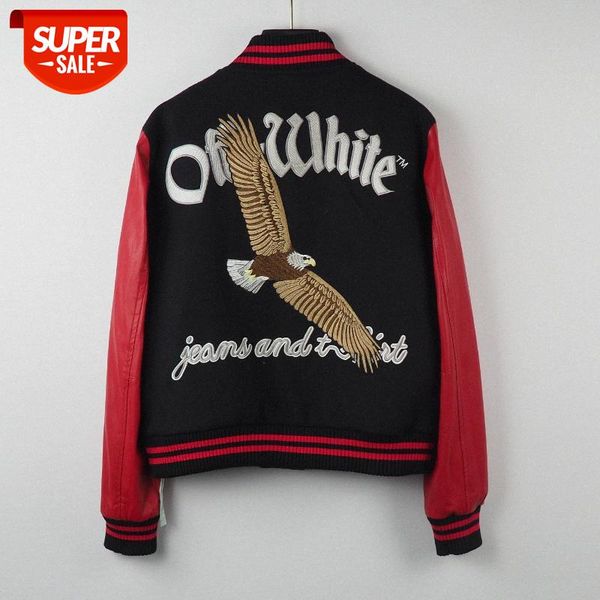 ow white falcon embroidered baseball jacket leather sleeves black and red contrast color workmanship fine men women #u26w 
ow white falcon embroidered baseball jacket leather sleeves black and red contrast color workmanship fine men women #u26w