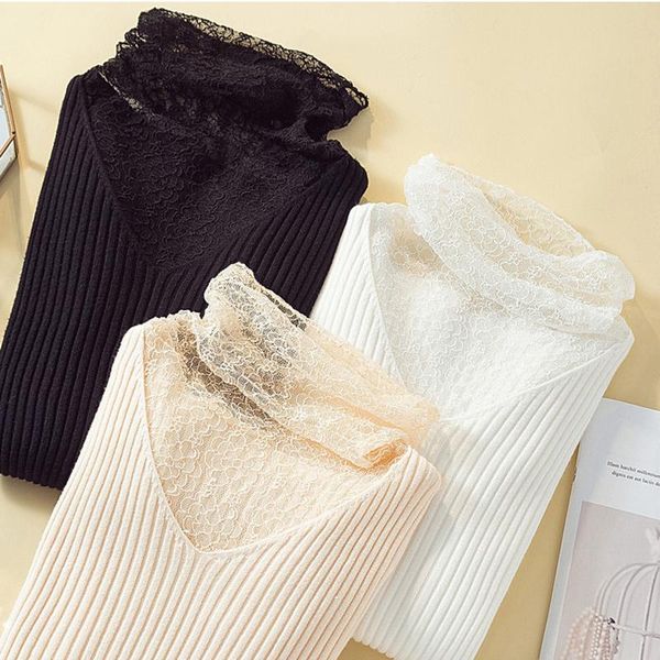 women's sweaters women casual lace patchwork knitted sweater long sleeve turtleneck solid high street slim pullover 2021 winter fashion, White;black
women's sweaters women casual lace patchwork knitted sweater long sleeve turtleneck solid high street slim pullover 2021 winter fashion, White;black