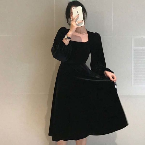 Puff-black Midi Winter Square Collar Elegant Dress Feminine Play 35d0, Black;gray
