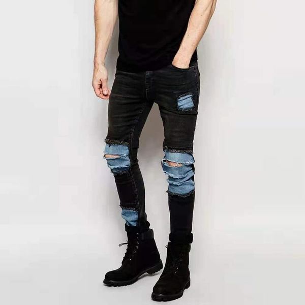 men's ripped jeans vintage solid color stitching slim autumn waist denim pencil pants, Blue
men's ripped jeans vintage solid color stitching slim autumn waist denim pencil pants, Blue
