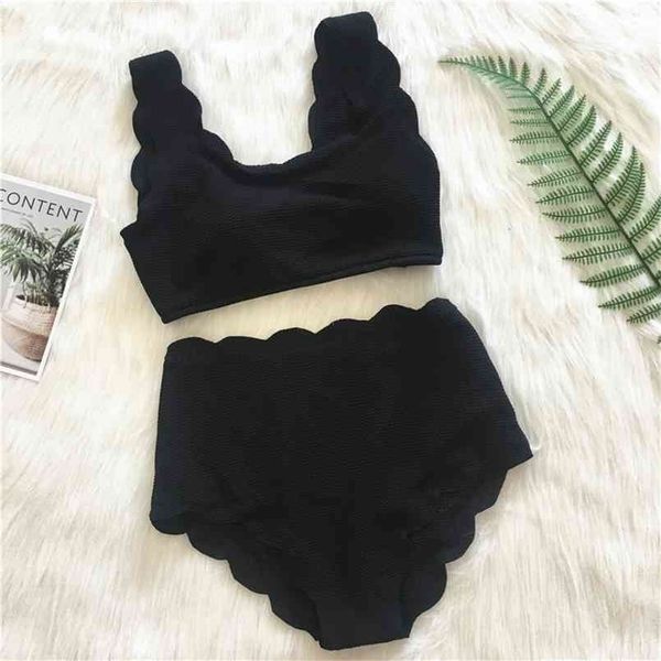 women swimsuit scalloped high waist bikini set solid two pieces plus size swimwear biquini tankini 210630, White;black
women swimsuit scalloped high waist bikini set solid two pieces plus size swimwear biquini tankini 210630, White;black
