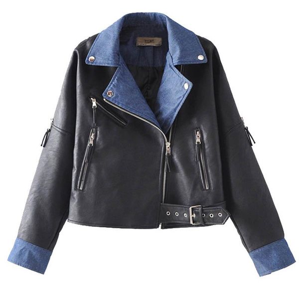 women's leather & faux 2021 autumn women pu jacket soft motorcycle zipper rivet denim patchwork loose ladies coats female outwear, Black
women's leather & faux 2021 autumn women pu jacket soft motorcycle zipper rivet denim patchwork loose ladies coats female outwear, Black