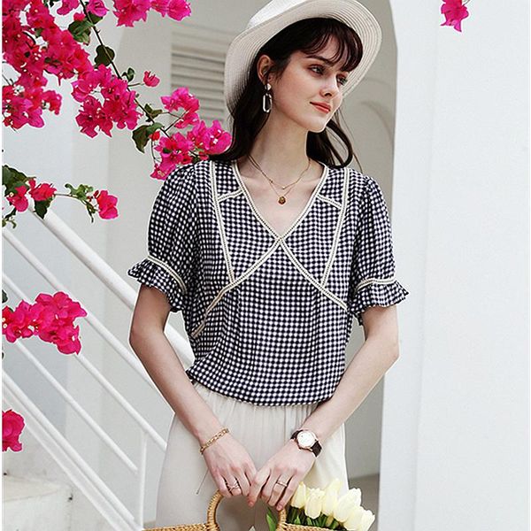 women's blouses & shirts 100% silk blouse women shirt casual style plaid printed v neck ruffle half sleeve loose fashion, White
women's blouses & shirts 100% silk blouse women shirt casual style plaid printed v neck ruffle half sleeve loose fashion, White