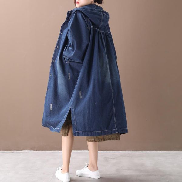 female new autumn and spring korean style plus size outerwear literary washable split with hooded worn loose denim trench, Tan;black 
female new autumn and spring korean style plus size outerwear literary washable split with hooded worn loose denim trench, Tan;black