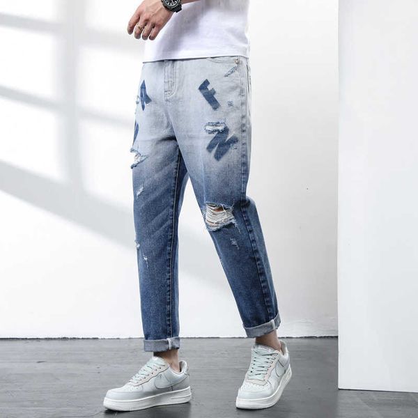 men's jeans summer lightweight ripped pants streetwear ankle-length fashion letter print gradient denim jean trousers bn8p, Blue
men's jeans summer lightweight ripped pants streetwear ankle-length fashion letter print gradient denim jean trousers bn8p, Blue