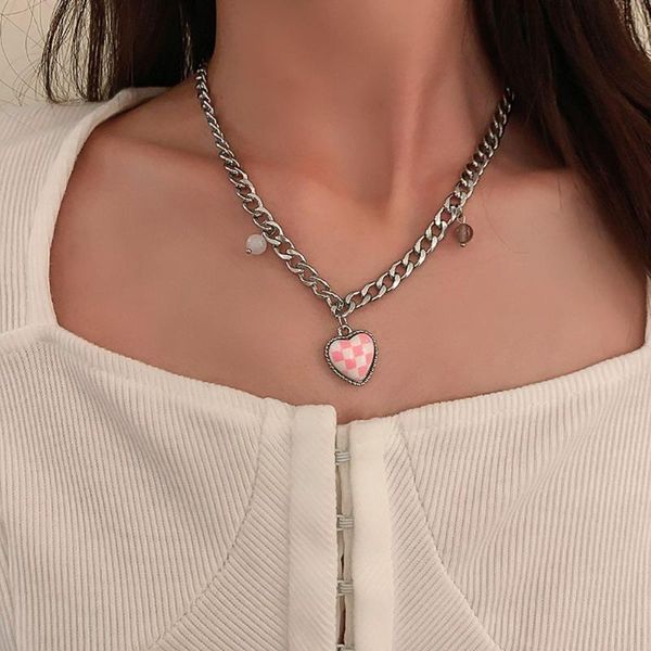 chains 1 pc heart drop necklace korean crystal plaid love chessboard simple personality punk style neck jewelry, Silver
chains 1 pc heart drop necklace korean crystal plaid love chessboard simple personality punk style neck jewelry, Silver