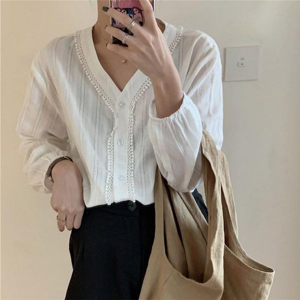 women's blouses & shirts women v collar lantern sleeve cotton solid color tights lace single-breasted slim, White
women's blouses & shirts women v collar lantern sleeve cotton solid color tights lace single-breasted slim, White