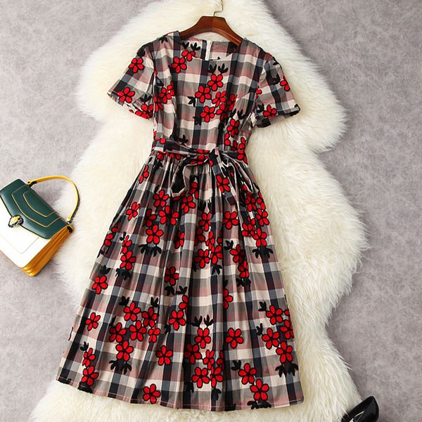 women's runway dress o neck short sleeves embroidery plaid fashion casual summer dresses vestidos, Black
women's runway dress o neck short sleeves embroidery plaid fashion casual summer dresses vestidos, Black