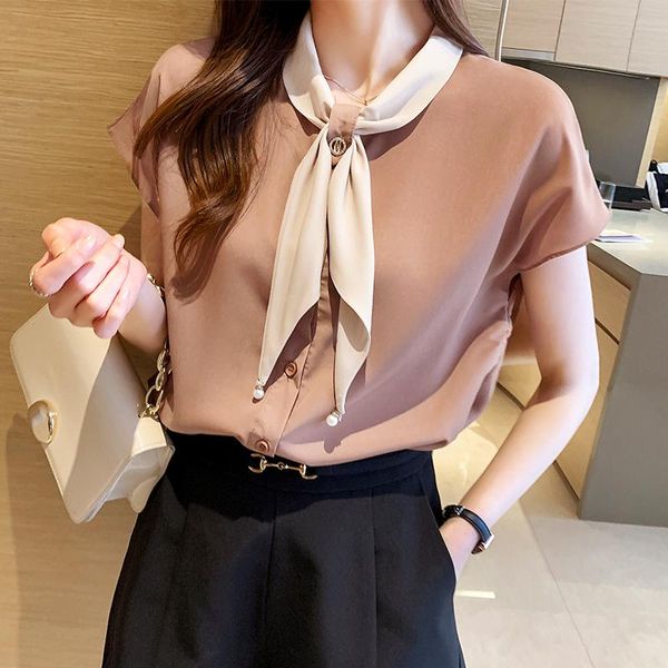 women's polos chiffon women blouse 2021 summer fashion korean solid office short sleeve shirts with tie loose female clothing, White
women's polos chiffon women blouse 2021 summer fashion korean solid office short sleeve shirts with tie loose female clothing, White