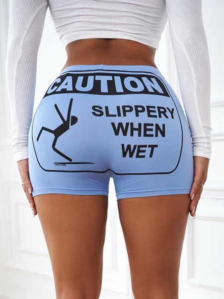 sxy slogan graphic biker shorts s71e#, Black