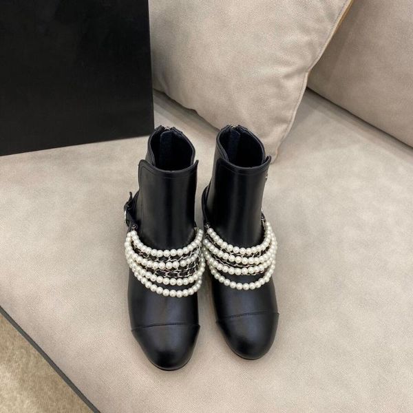 boots winter shoes woman short genuine leather ankle string bead decora low heels, Black