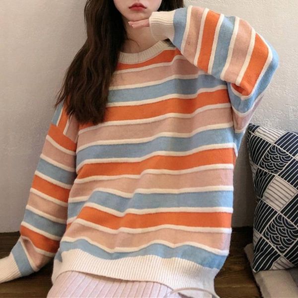 women student autumn long sleeve sweater contrast colored striped knitted pullover casual oversized loose jumper women's sweaters, White;black
women student autumn long sleeve sweater contrast colored striped knitted pullover casual oversized loose jumper women's sweaters, White;black