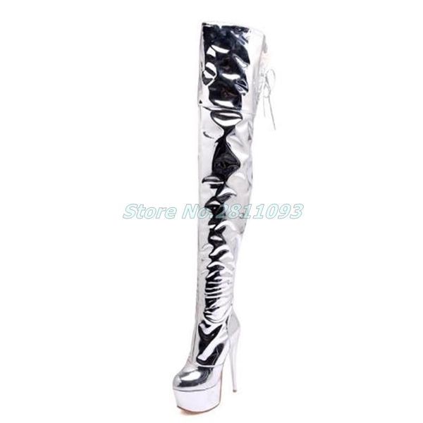 boots silver platform women round toe thin high heel over the knee back lace up winter patent leather solid shoes, Black
boots silver platform women round toe thin high heel over the knee back lace up winter patent leather solid shoes, Black