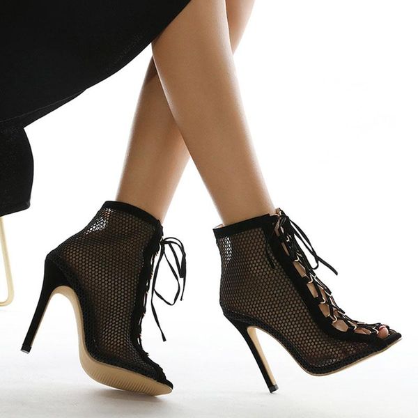 Boots Peep Toe Boot Women 2021 High Quality Sexy Black Stiletto Heels Gladiator Sandals Hollow Out Lace Up Pumps