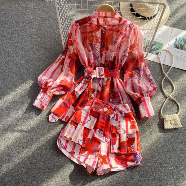 women's tracksuits 2 piece women shorts set summer 2021 print stand collar lantern sleeve button up blouses with sashes high waist, Gray
women's tracksuits 2 piece women shorts set summer 2021 print stand collar lantern sleeve button up blouses with sashes high waist, Gray