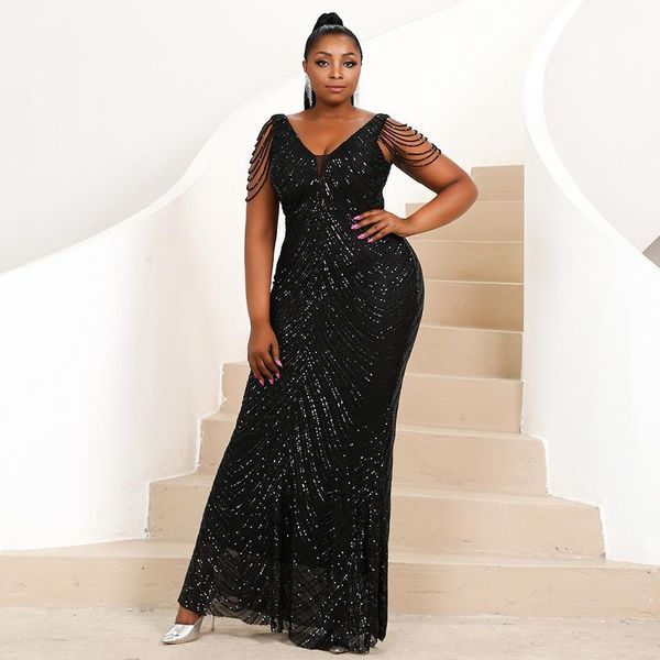 plus size dresses european and american women's autumn winter wedding sequins pure color simple slim v-neck evening dress women, Black
plus size dresses european and american women's autumn winter wedding sequins pure color simple slim v-neck evening dress women, Black