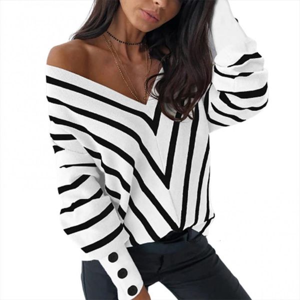 women long sleeve deep sweater v neck stripes print blouse off shoulder buttons t shirt, White;black
women long sleeve deep sweater v neck stripes print blouse off shoulder buttons t shirt, White;black