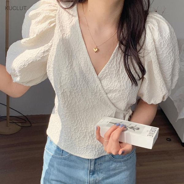 women's knits & tees korean chic summer minority temperament cross lace dark jacquard versatile short bubble sleeve shirt blouse, White
women's knits & tees korean chic summer minority temperament cross lace dark jacquard versatile short bubble sleeve shirt blouse, White