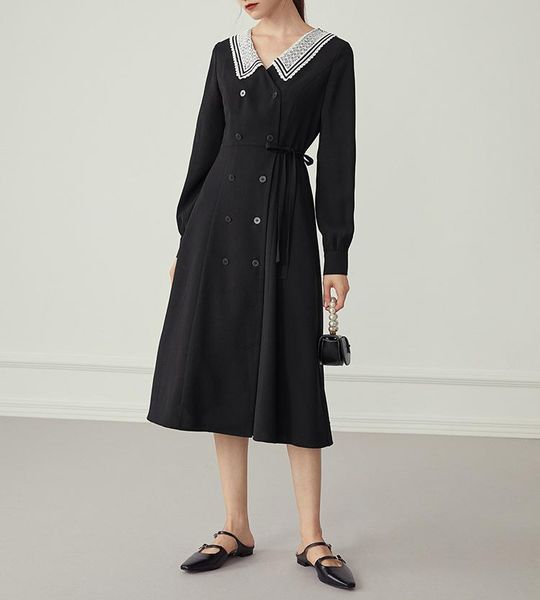 casual dresses 2021 style long sleeve dress with slim waist and sweet lace baby collar, Black;gray