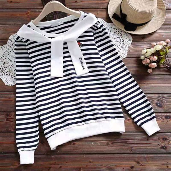hooded sweatshirts spring summer striped t-shirt girls sweet students clothing fashion o-neck bandage decor women's shirt 210928, Black
hooded sweatshirts spring summer striped t-shirt girls sweet students clothing fashion o-neck bandage decor women's shirt 210928, Black