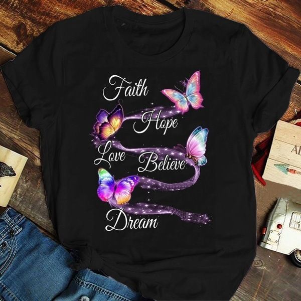 2021 new faith hope love believe dream butterfly print t-shirt with short sleeves, White
2021 new faith hope love believe dream butterfly print t-shirt with short sleeves, White